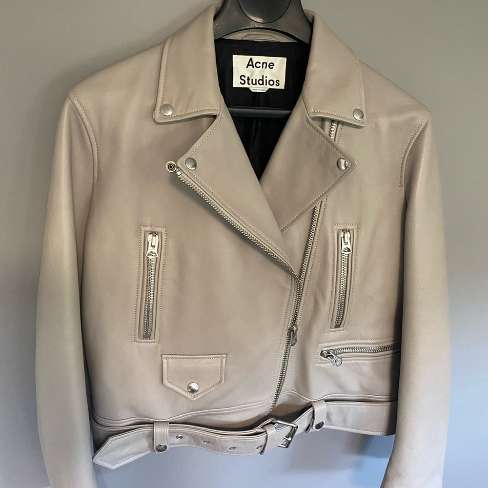 Acne Studios Merlyn Oversized Leather Moto Jacket 38 Dove Gray Lamb Leather - Picture 4 of 16